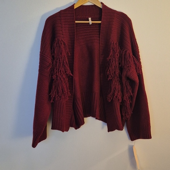 NWT Raga Open Cardigan Fringe Cherry Red Knit Drop Shoulder Boxy Size Large - Picture 4 of 10